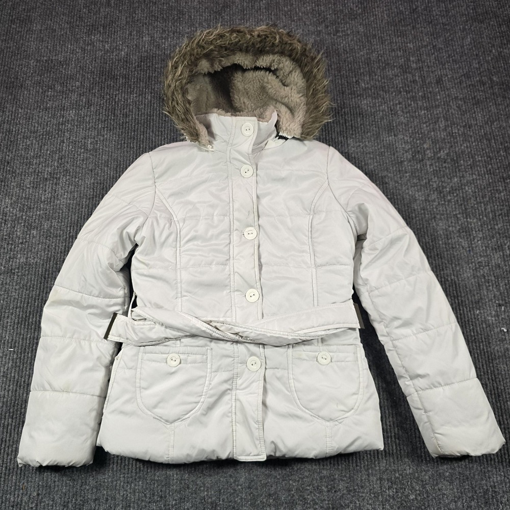 Aeropostale Jacket Womens‎ M White Hooded Puffer Faux Fur Lined Belted Winter